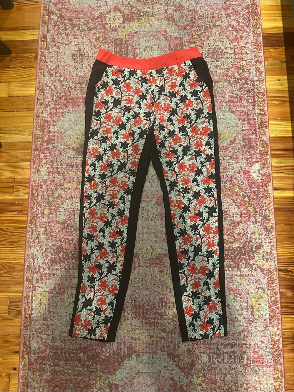 Floral Straight-Leg Pants in Coral and Black